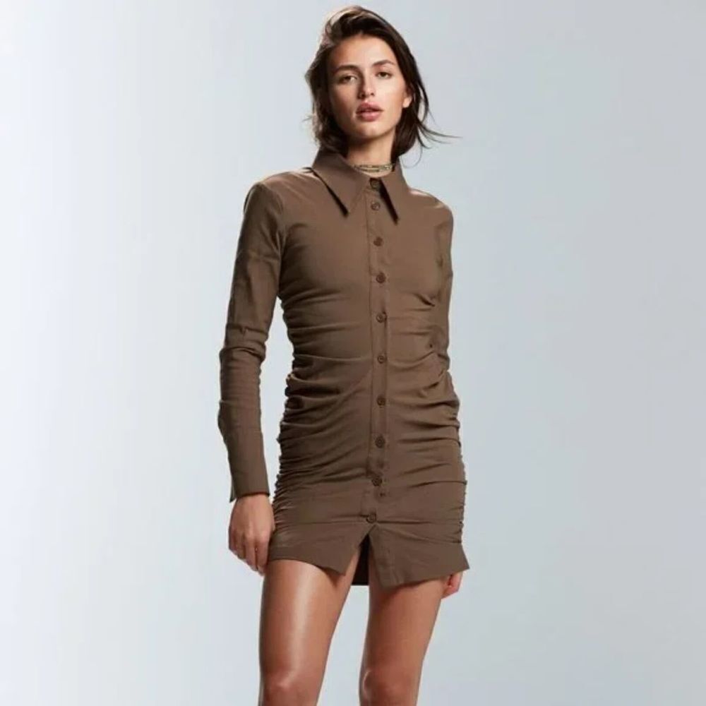 Zara Button Up Bodycon Shirt Dress with Ruching Tan Size Medium - Picture 2 of 11